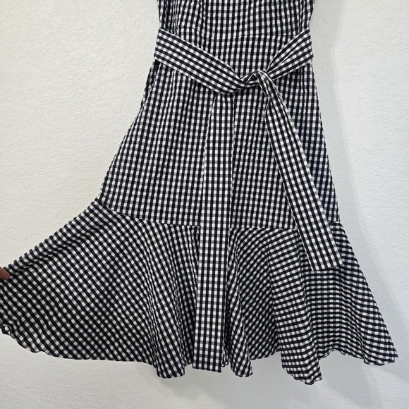 J Crew 2 Navy Gingham Ruffle Hem Sleeveless Dress Tie Waist - Picture 2 of 9